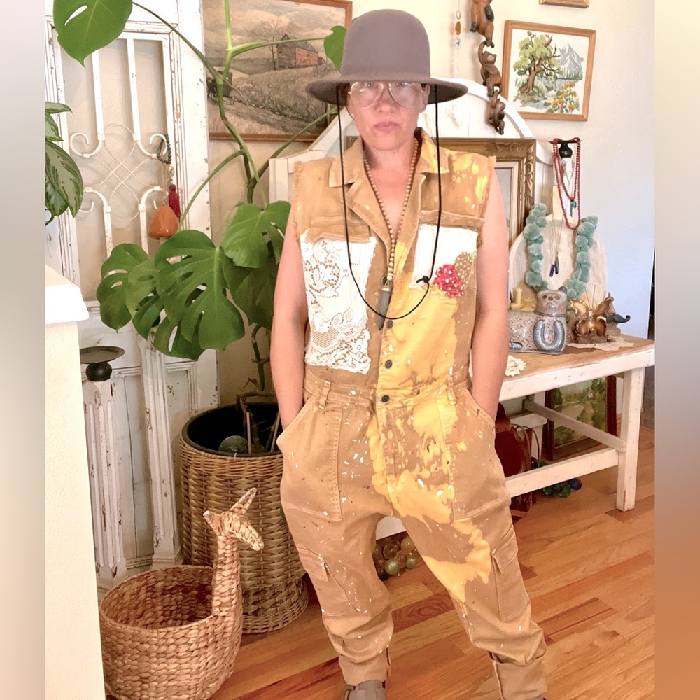 OBSESSED Custom Handmade Up Cycled Quilt And Crochet Utility Jumpsuit OOAK